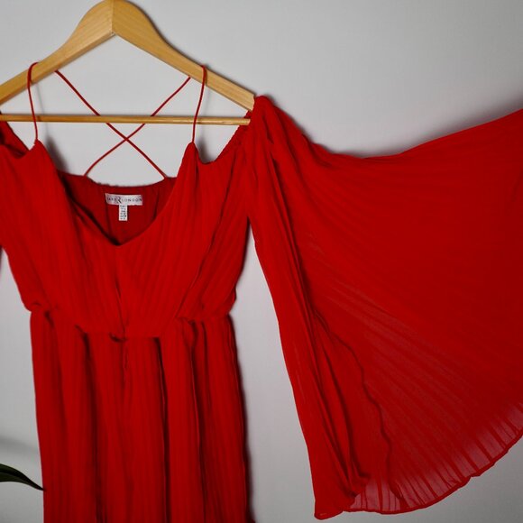 Rare London Red Pleated Off-Shoulder Romper with Bell Sleeves - Picture 6 of 7